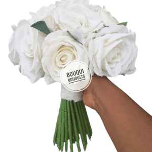 Hand-tied ivory velvet rose bouquet with lush green stems