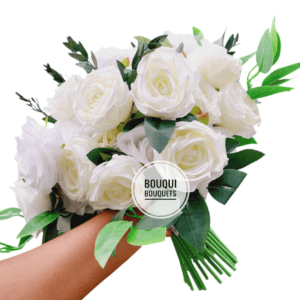 Artificial ivory rose bouquet with natural-looking green stems, hand-tied for weddings and décor