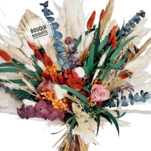 Autumn-themed preserved bouquet with roses, eucalyptus, and phalaris in warm earthy tones