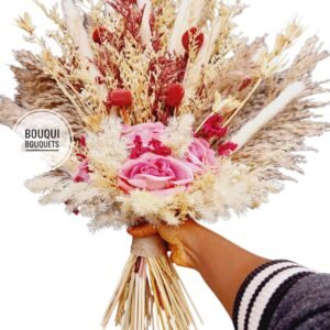 Burgundy splash preserved bridal bouquet with roses, ming ferns, and mixed florals