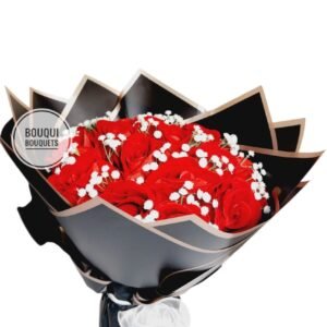 Red velvet rose gift bouquet with artificial flowers.