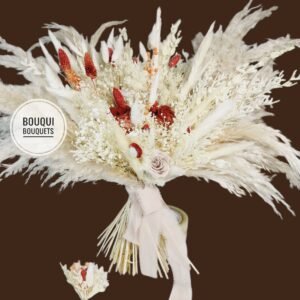 Terracotta preserved bouquet with roses and mixed dried flowers in earthy boho tones